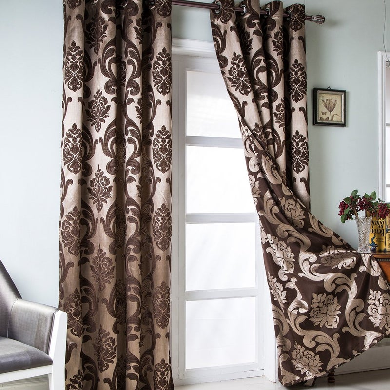 NAPEARL Damask Curtains-Fancy Jacquard Semi-Blackout Brown Curtain Drapes for legant & Private Living Room & Bedroom, Luxury Curtains 96 Inches Length (2 Panels, Each 52 x 96 Inches) - Image 1